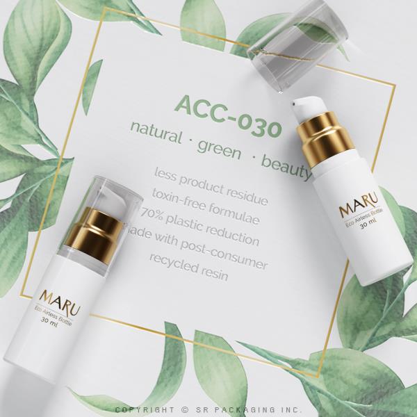 The 30 ml Eco Airless Bottle, MARU, stands with natural and green brands